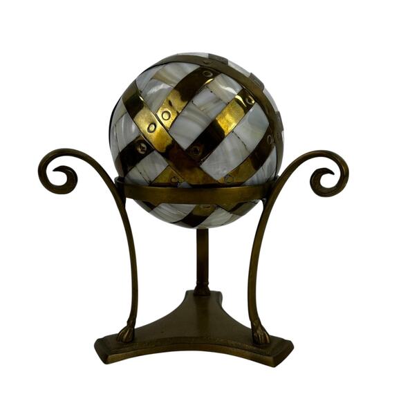 Mother of Pearl and Brass Sphere on Brass Stand 6.25" x 7" Globe Sphere 4" Wide - Picture 4 of 9